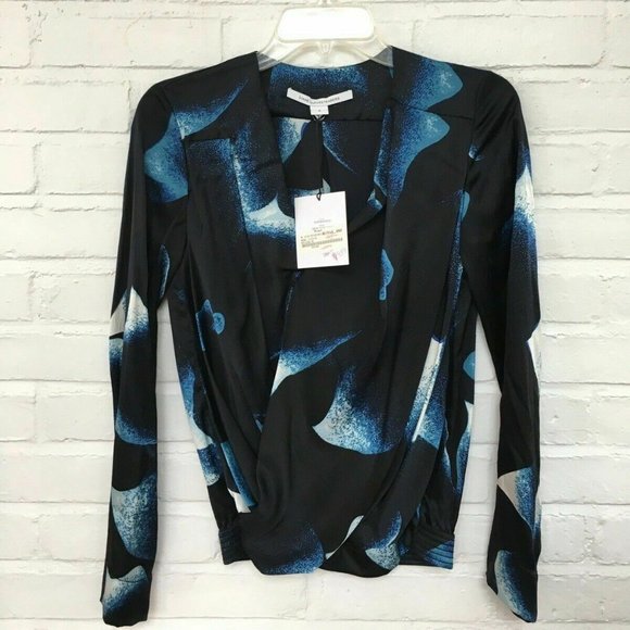 Diane Von Furstenberg Tops Dvf Blue White Floral Silk Long Sleeve